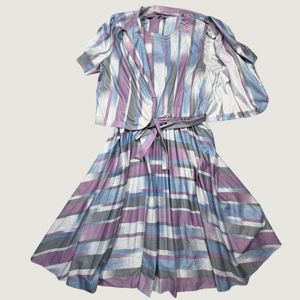 Vintage 70s Purple Striped Pleated Dress and Jacket Set Size Large Mod Kitschy